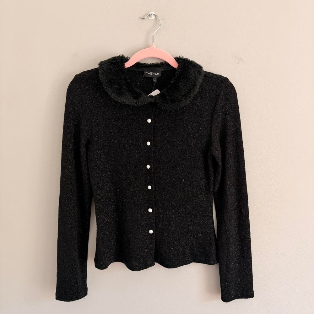 Y2K BLACK MY MICHELLE GLITTERY FAUX FUR TRIM CARDIGAN SWEATER TOP